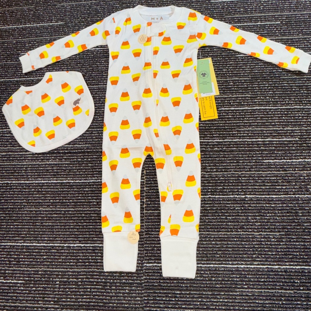 Monica + Andy Candy Corn Sleeper Bib Set Kids 9-12M New Organic Cotton Halloween
